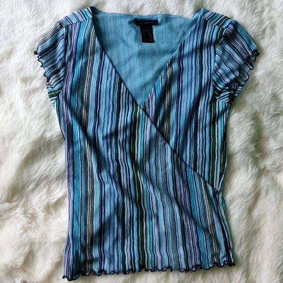 90's Style The Limited Blue Stripe Lettuce Edge Wrap Top S - Picture 7 of 8